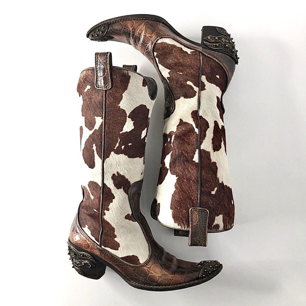 Giuseppe Zanotti Crystals Cow Print Pull On Western Cowgirl Heeled Boots 7 - Picture 3 of 10
